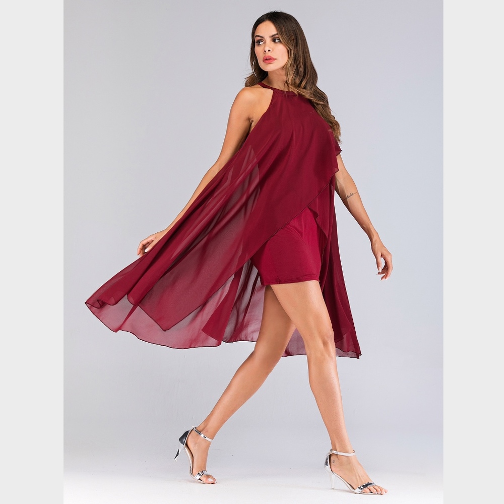 Burgundy Chiffon Overlay Bodycon Mini Dress - Picture 2 of 9